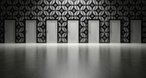 Five closed doors in a black and white ornate hallway symbolizing opportunities and decisions.